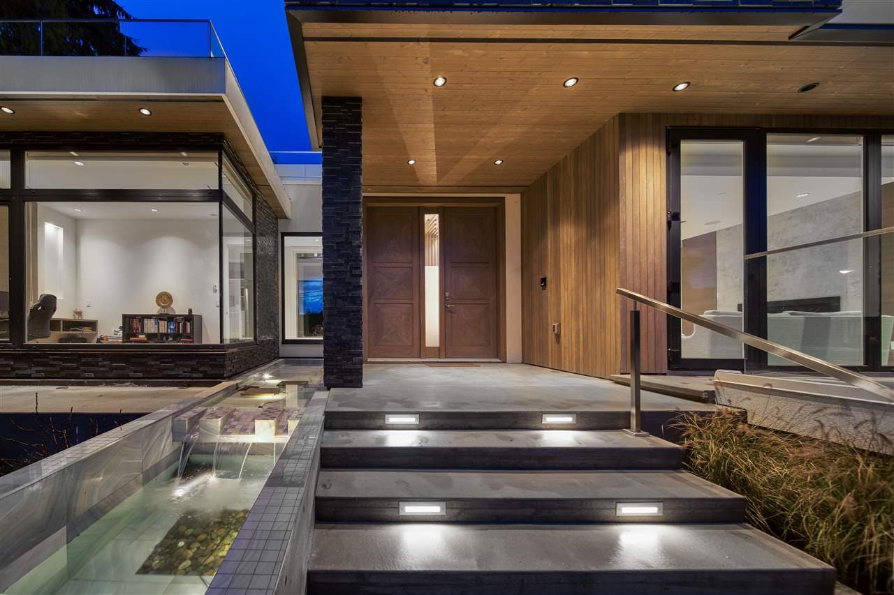 Inglewood House — front entry and water feature at twilight